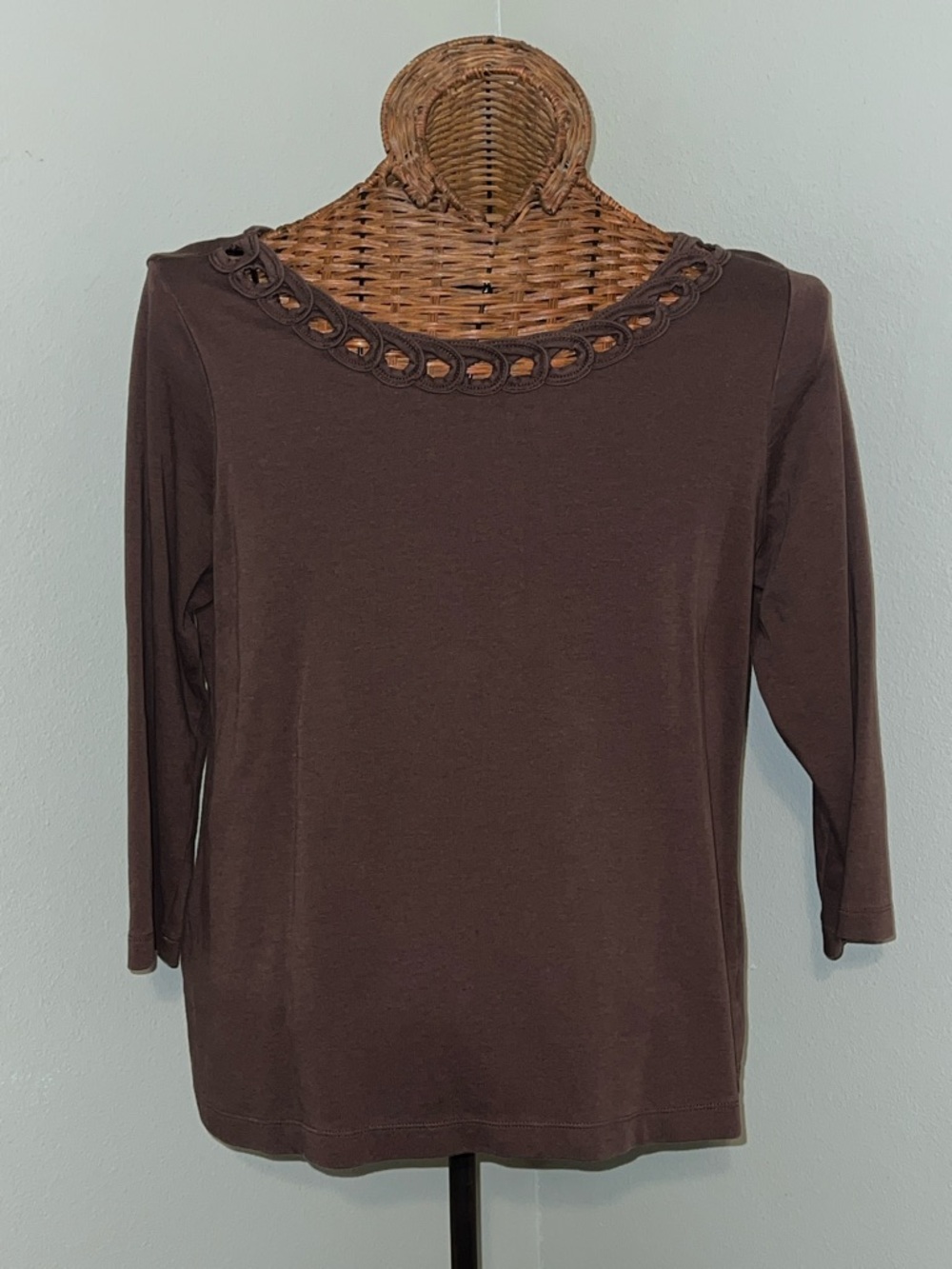 Kim Rogers Brown Long Sleeve Scoop Neck Top with Loop Trim
